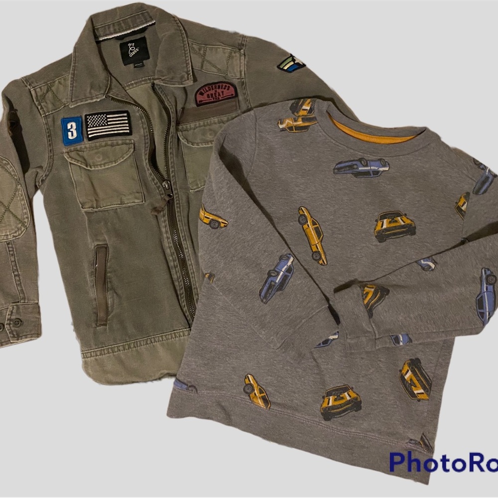 Boys Cargo jacket with patches and Hot Wheels style sweatshirt